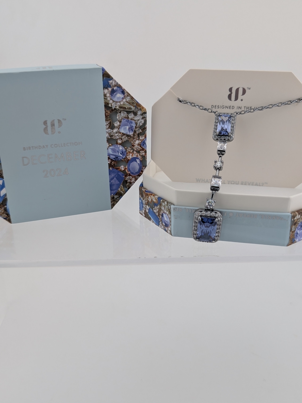Blue Crystal Drop Necklace with Silver Accents